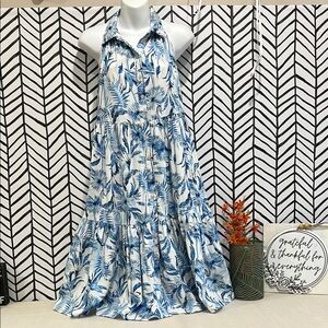 Nicole Miller Tropical Blue Leaf Print Button-Down Dress, Size Small